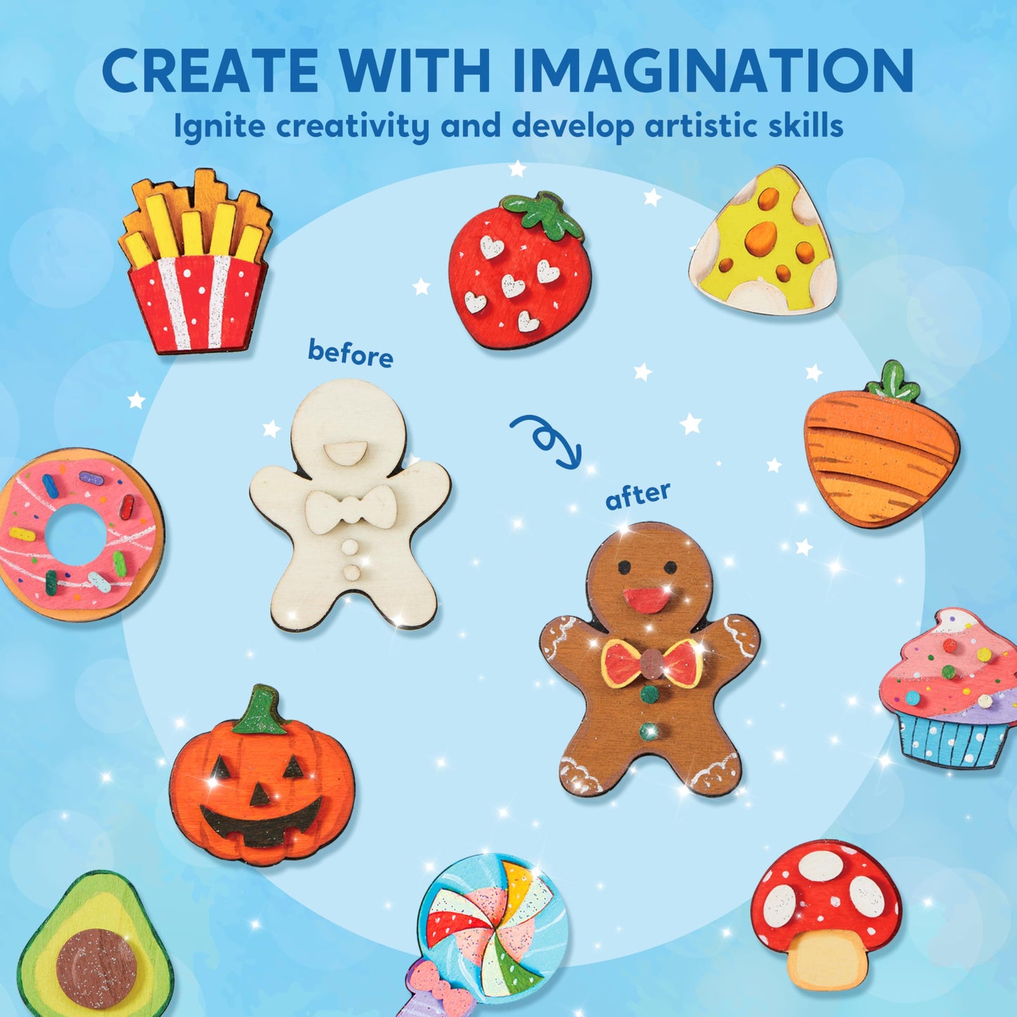 Joyfy 12 Pcs Food Wooden Magnets Painting Art & Craft Kits for Boy Girl Aged 3+