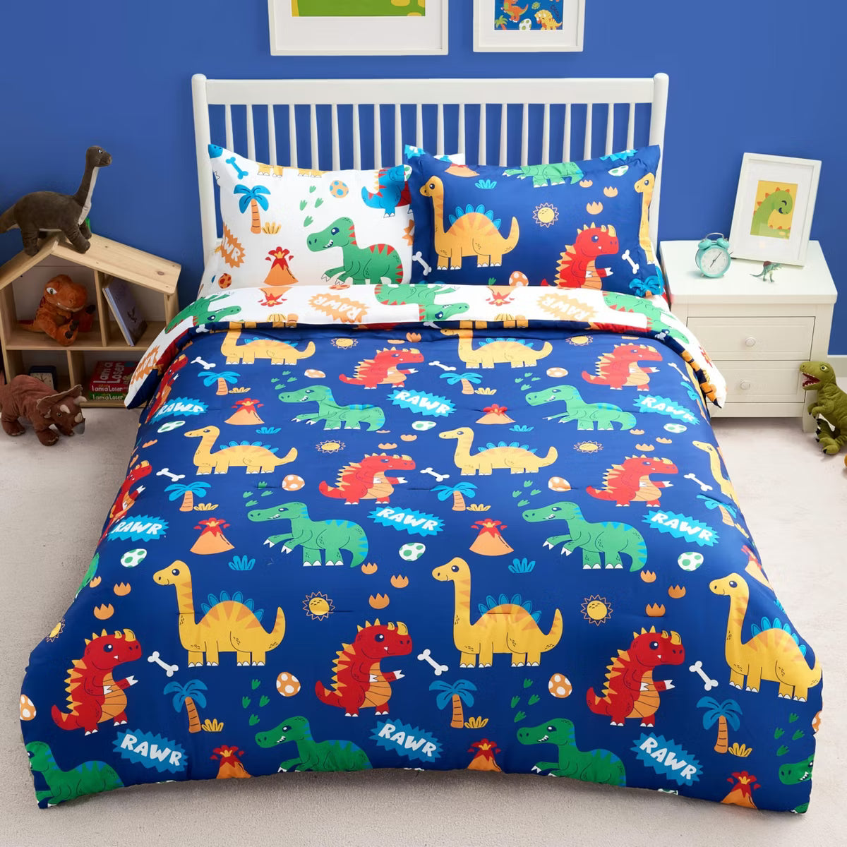 Joyfy Kid Twin Comforter Set 5 Piece Kids Twin Dark Blue Dinosaur Bedding Set Soft Microfiber Bed in a Bag with Comforter, Sheets, Pillowcase & Sham