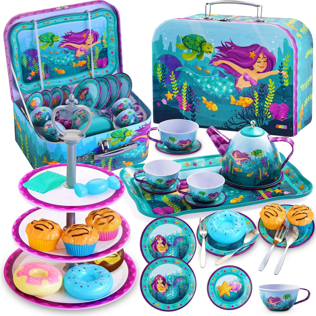 Joyfy 35Pcs Mermaid Tea Party Set for Girls,with Pretend Tin Teapot Set, Princess Tea Time Play Kitchen Toy,Best Birthday Gifts for Kids Age 3-6