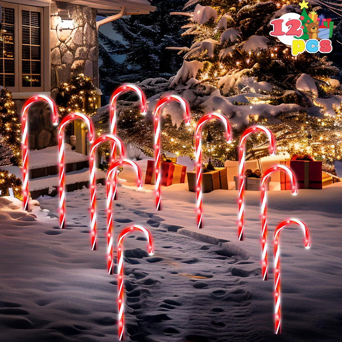 Joyfy 12 Pack Christmas Candy Cane Pathway Lights, 17" Xmas Outdoor Decoration Red Lights with Stakes for Garden Yard Walkway Decor