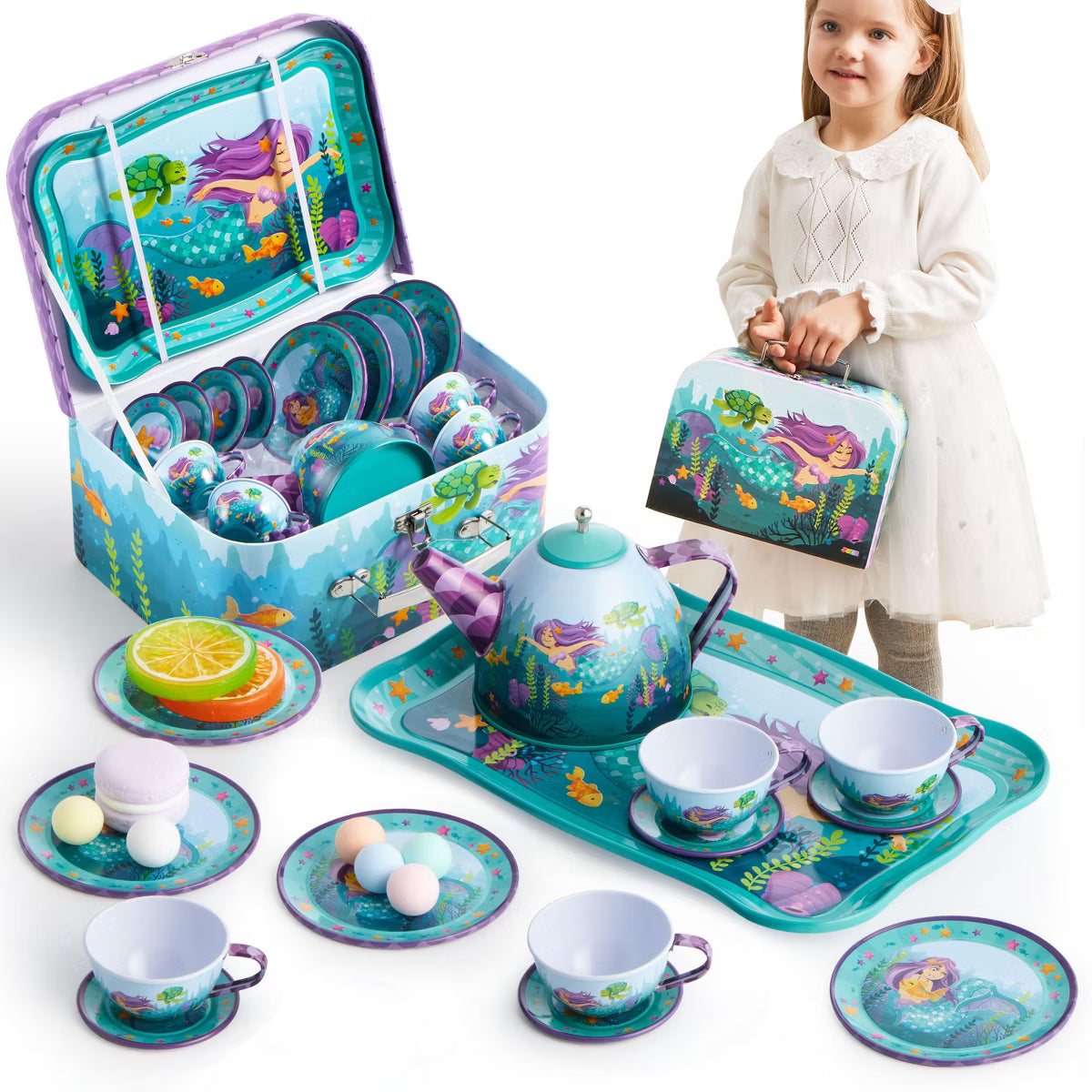 Joyfy Mermaid Tea Party Set for Little Girls Ages 3-6, 15Pcs Pretend Play Kitchen Toys with Teapot Cups, Plates, Storage Case, Birthday Christmas Gift
