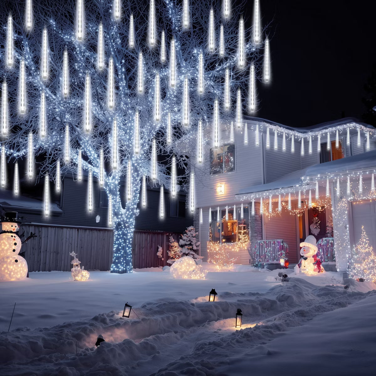 Joyfy Christmas Tubes Lights, 192 LED 8 Tubes Meteor White Light, Snowfall Icicle Cascading Rain Light for Xmas Tree Party Holiday Decorations
