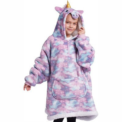 Joyfy Unicorn Wearable Blanket Hoodie, Oversized Soft Fleece Hooded Blanket, Cozy Blanket Sweatshirt Gift with Giant Pocket and Sleeves for Kids Girls