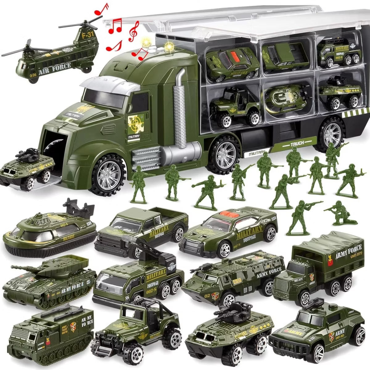 Joyfy 25 in 1 Military Truck Toys, Army Men Tanks with Soldier Men, Mini Battle Car Toy with Lights and Sounds, Gifts for Toddler Kids Boys Ages 3+