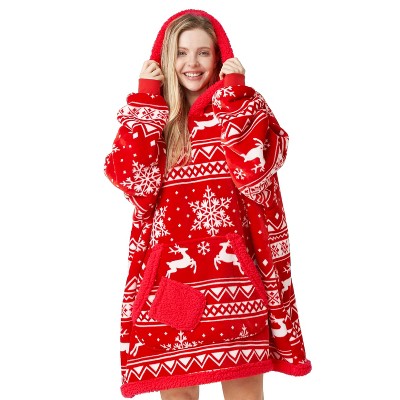 Wearable Blanket Hoodie for Adults Gifts for Teen woman Flannel Fleece Printed Hooded Blanket Warm Cozy with Pocket & Sleeves Red Christmas Reindeer