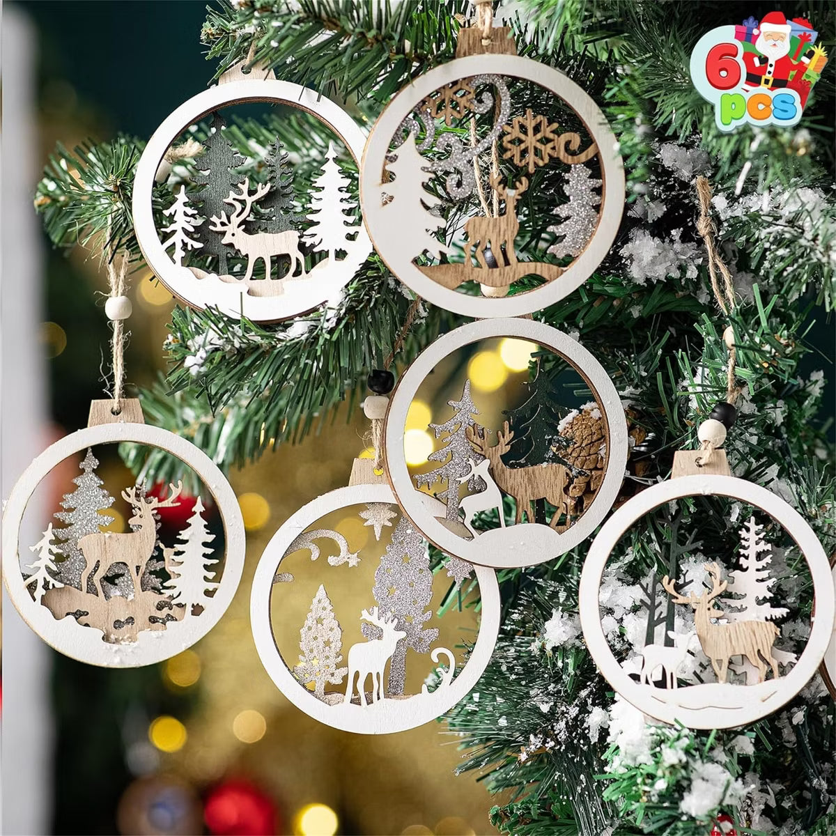 Joyfy 6pcs Christmas Ornaments, Wooden Hanging Reindeer Christmas Tree Ornaments, Cute Christmas Tree Decorations