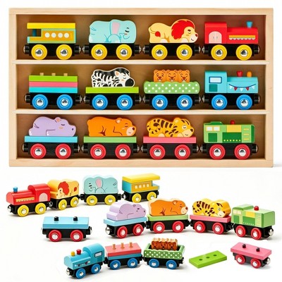 Joyfy 12 PCS Magnetic Wooden Train Toy Set, Montessori STEM Educational Toys for Toddlers 2-8 Year Old,  Animal Train Cars with Storage Gift Box
