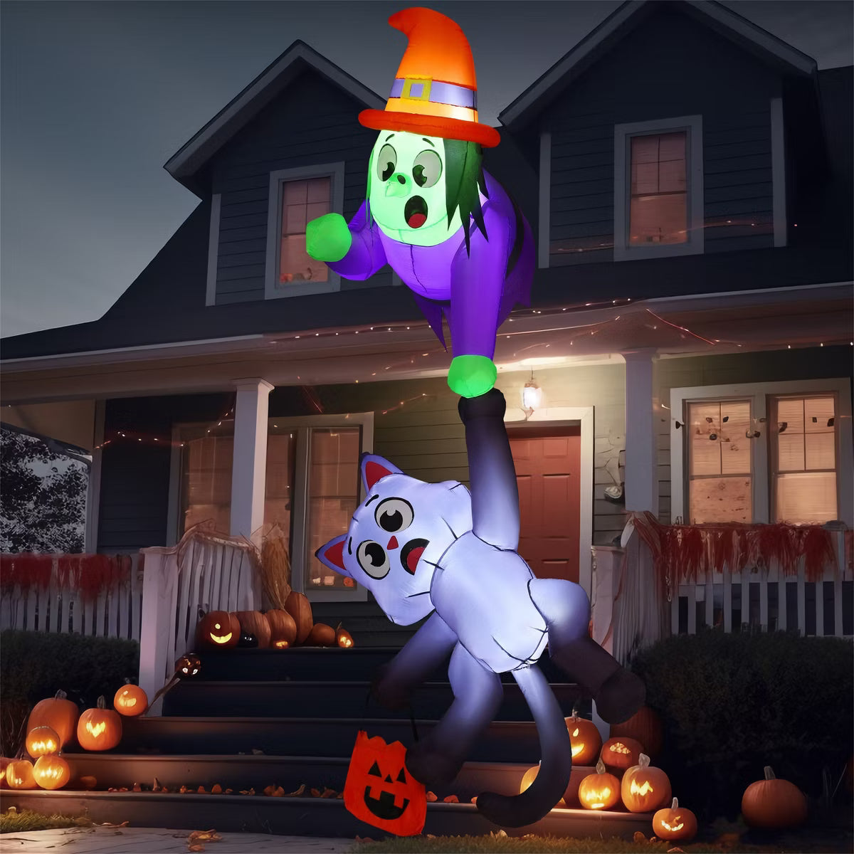 Joyfy 8.2 FT Tall Halloween Outdoor Inflatable Decoration, Witch and Black Cat Hanging Inflatable with LEDs for Indoor Outdoor Yard Roof Decoration