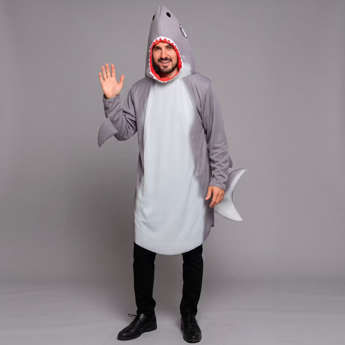 Joyfy Halloween Costume Shark Jumpsuit for Men, Full Body Shark Outfit with Pull On Closure – Fierce Animal Suit for Adult Dress Up Party-L