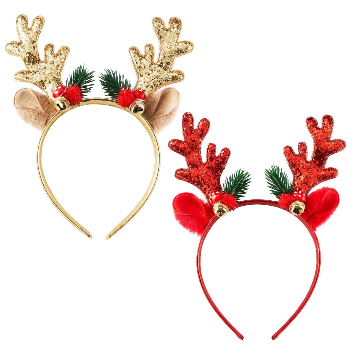 Joyfy 2-Piece Christmas Reindeer Headbands with Glitter & Gold Bells, Festive Antler Hair Accessories for Adults and Kids Holiday Party Cosplay