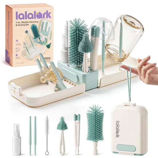 lalalark Baby Bottle Brush Set, 7-in-1 Baby Bottle Cleaner Kit with Silicone Brush, Nipple Brush,Soap Dispenser & Drying Rack, Baby Travel Essential