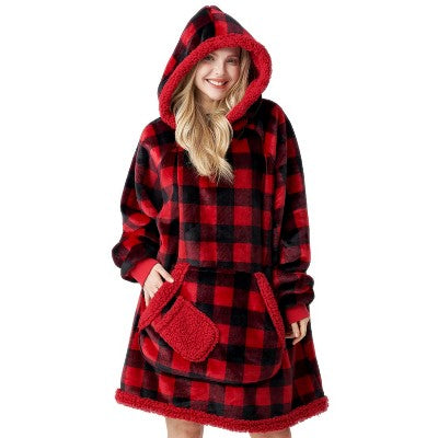 Joyfy Wearable Blanket Hoodie for Women Men Christmas Gift Cozy Warm Oversized Flannel Fleece Sweatshirt Blanket with Pocket & Sleeves Red Black Plaid