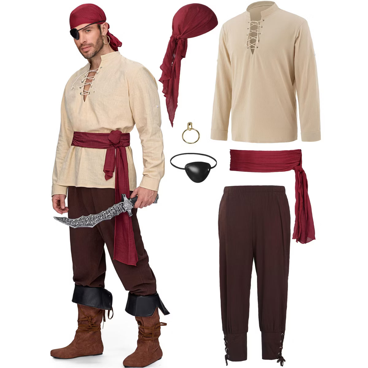 Joyfy Men's Halloween Pirate Costume, Adult Renaissance Medieval Pirate Costume for Halloween Party Dress Up, Halloween outdoor party -XL