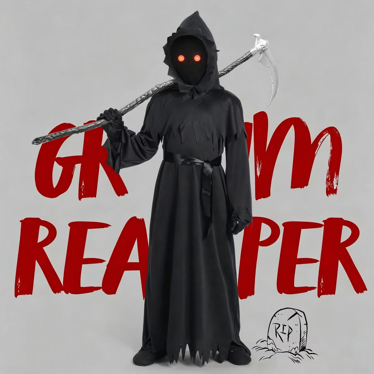 Joyfy Kids Grim Reaper Halloween Costume for Boys with Glowing Red Eyes, Scythe, Robe, Hood, Gloves, Belt and Light-Up Glasses-Halloween Cosplay party