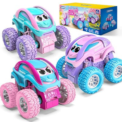 Joyfy 3Pcs Friction Powered Monster Truck Toys, Pull Back Cars with Crash, Flip & Bouncing for Toddler Girls 18 Months+, Easter Birthday Gift