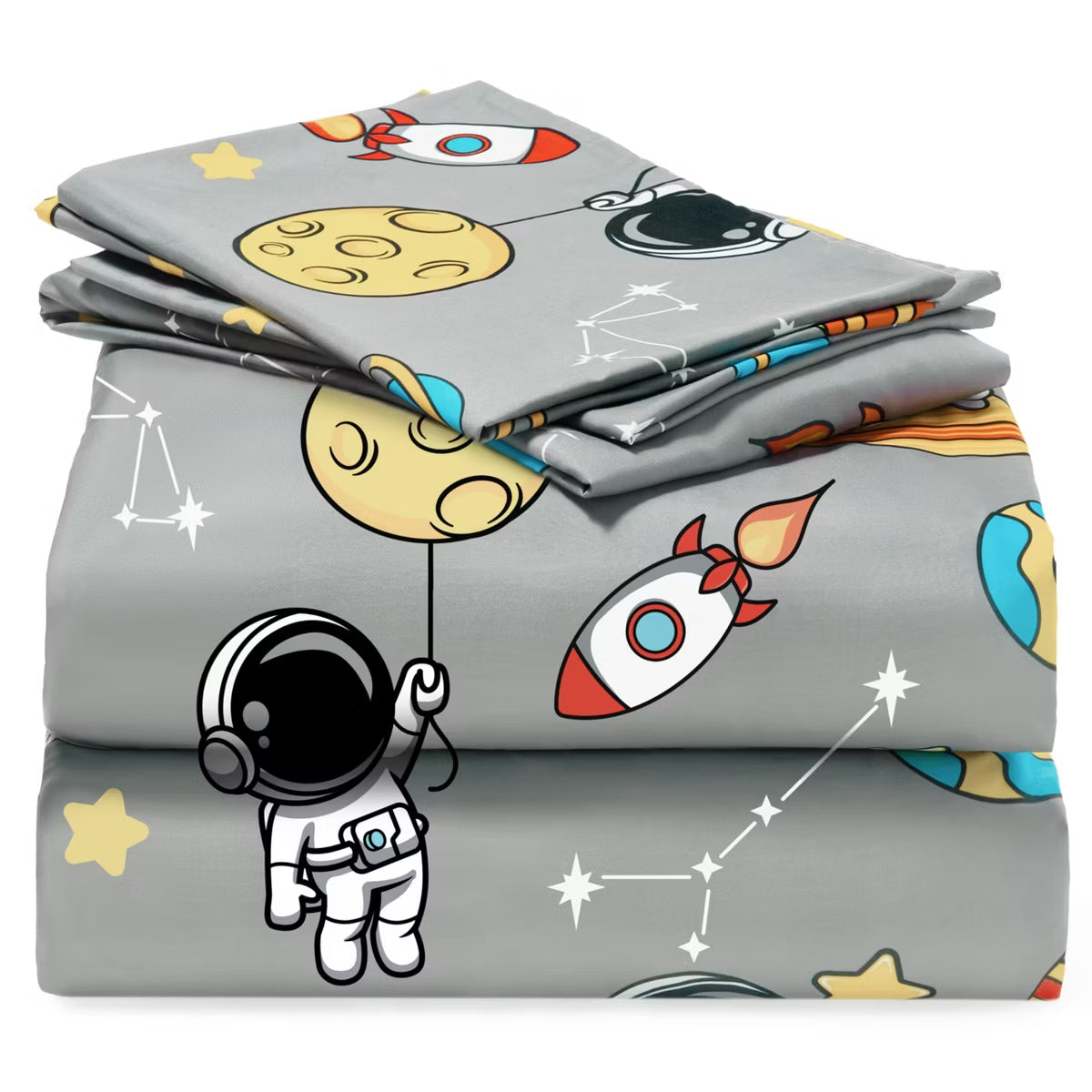Joyfy 4 Piece Kids Full Sheet Set Gray Astronaut Sheet Set Soft Microfiber Deep Pocket Wrinkle Cozy Toddler Bedding Set, Free Bedding for Boys Girls
