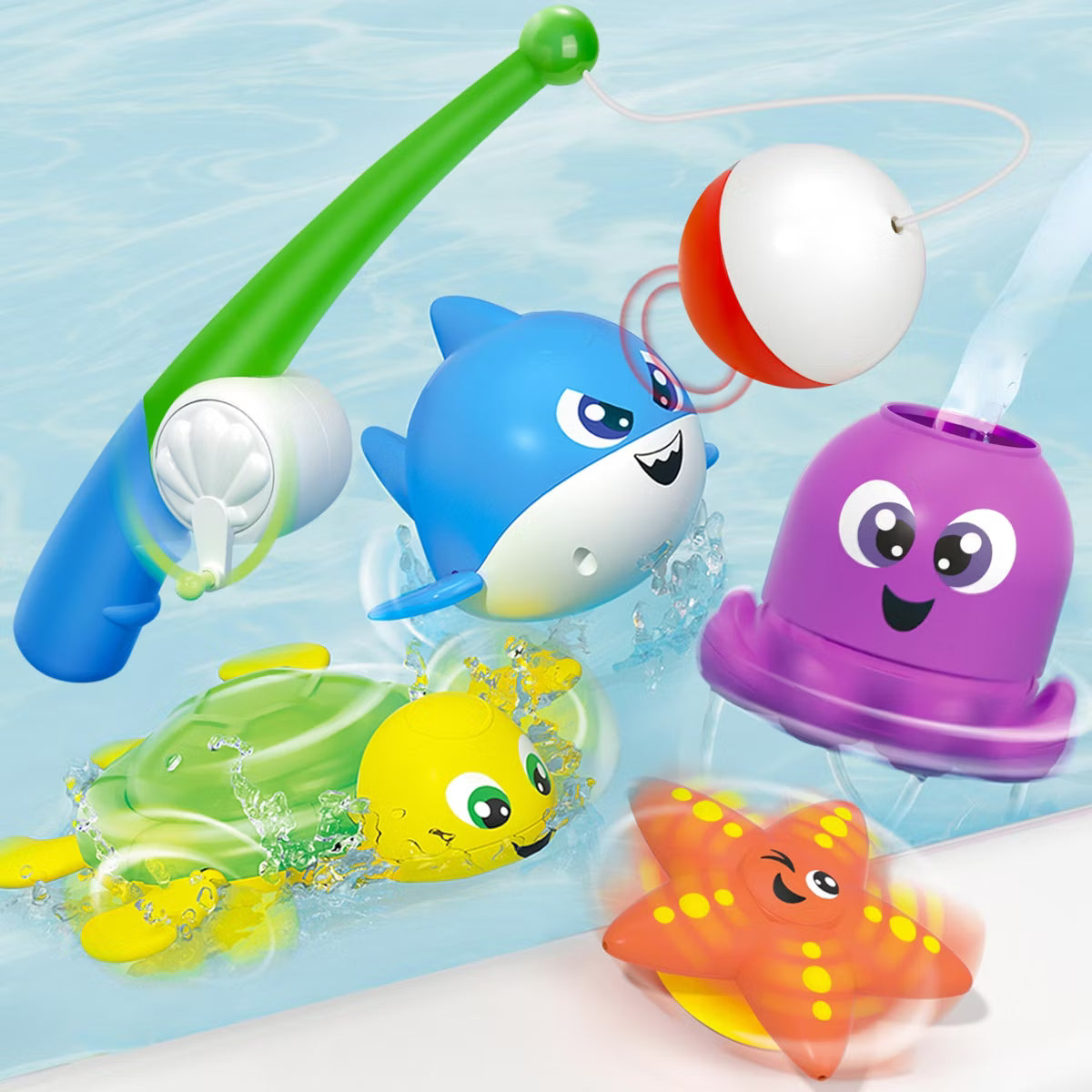 Joyfy Bath Fishing Toy Set for Toddlers - Magnetic Rod, Spinning Octopus, Wind-up Shark & Turtle- Sensory Development for Infants