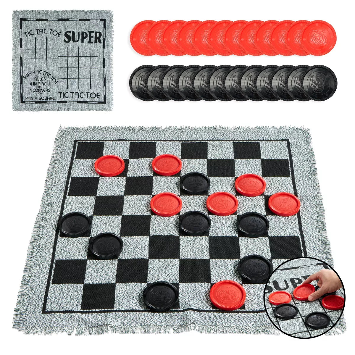 Joyfy 3-in-1 Giant Checkers - Reversible Mat & 24 Chips, Tic, Tac, Toe Board Game, Indoor Outdoor Game for Kids, Adults, Family, Party Favor & Gift