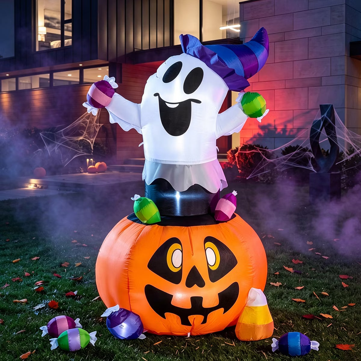 Joyfy 5 FT Halloween Inflatable Outdoor Decoration, Blow Up Ghost Gripping Candy with LED Lights for Halloween Party Indoor Outdoor Yard Garden Decor