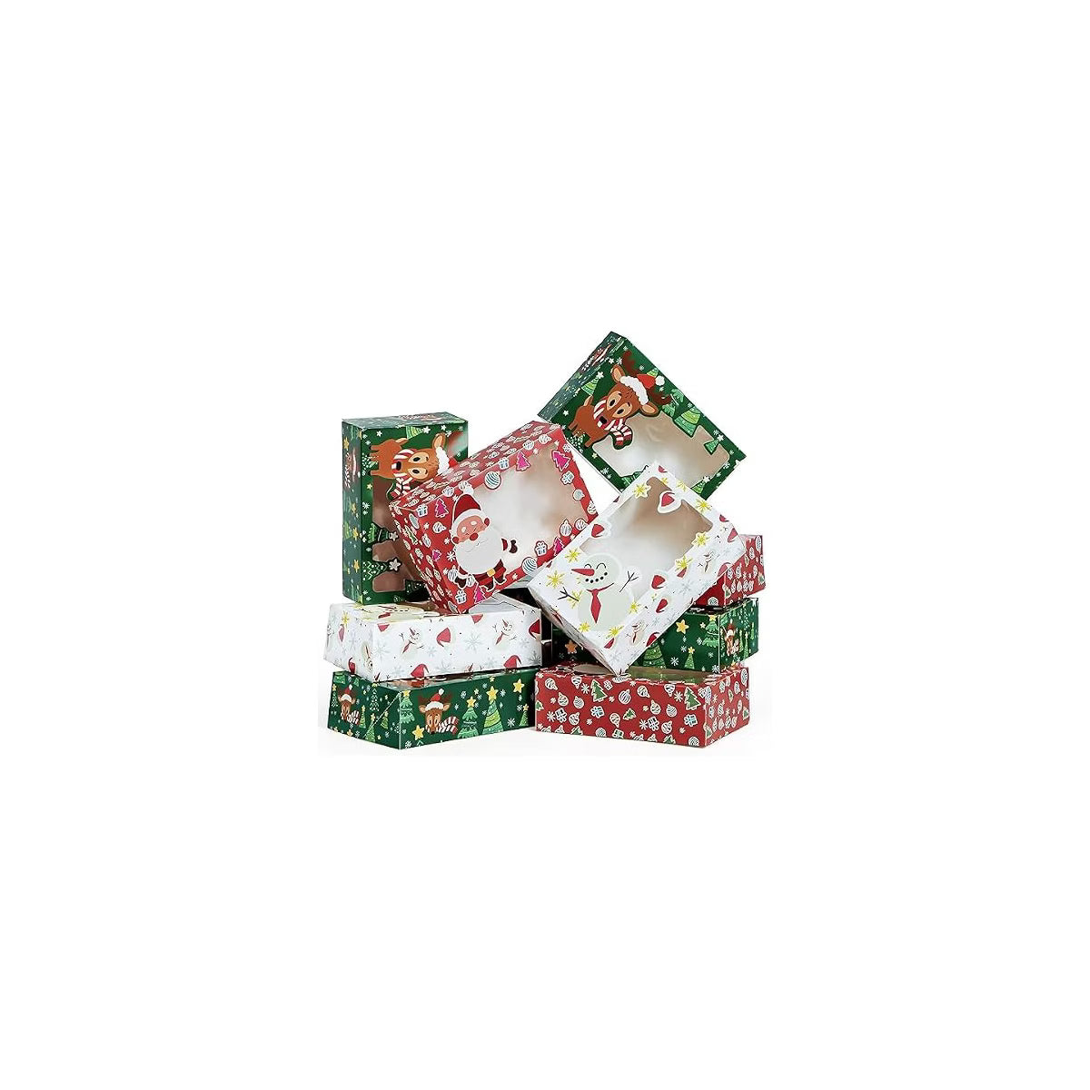 36 Pcs Christmas Cookie Boxes (3 Designs, Red/Green/White with Character Windows, 8.75 × 5.75 × 2.75 inches)