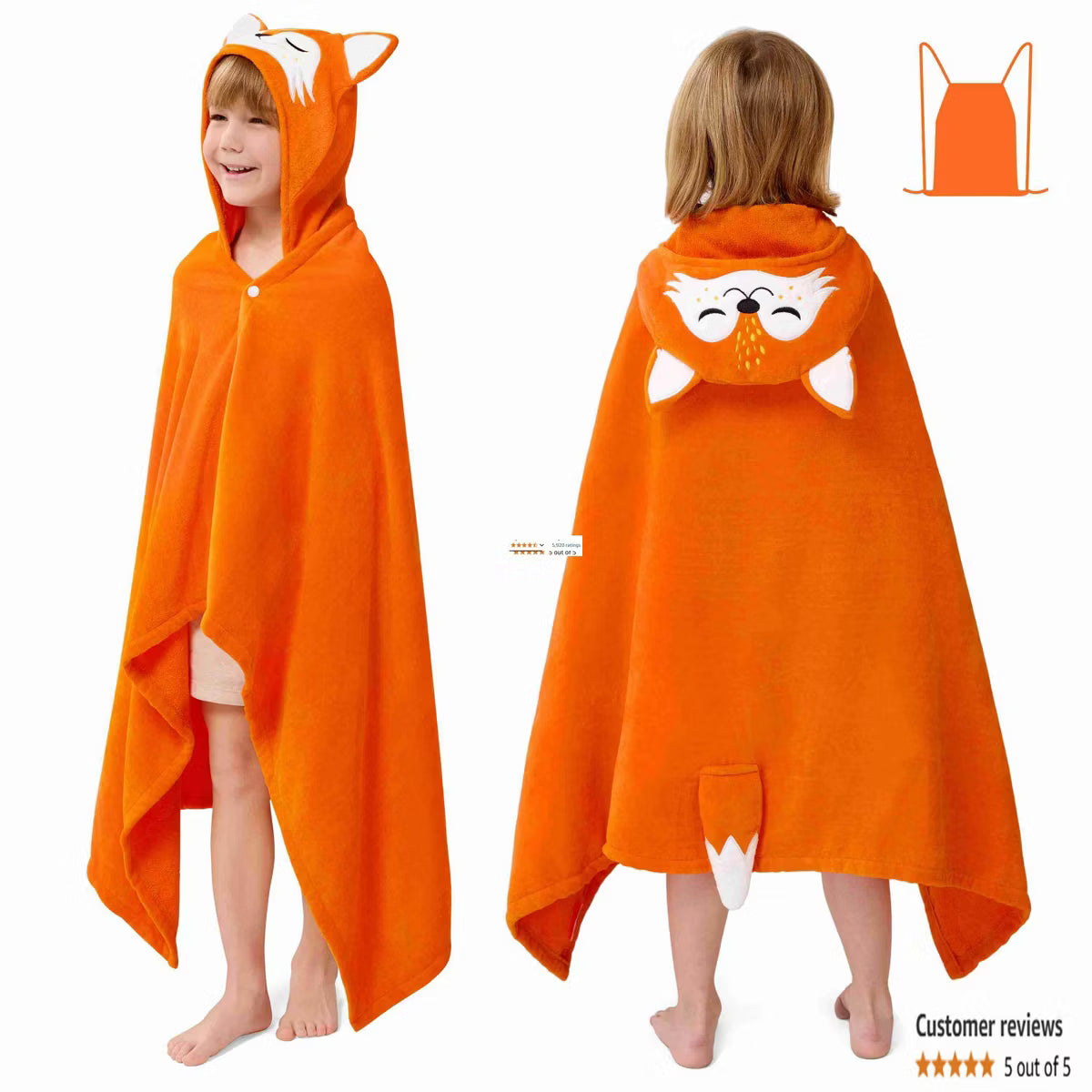 Joyfy Hooded Towel for Kids Soft 30" x 50" Bath Beach Towel 100% Cotton Toddler Pool Hood Towel Absorbent Swim Wrap Orange Fox for Kids 3-10 Years