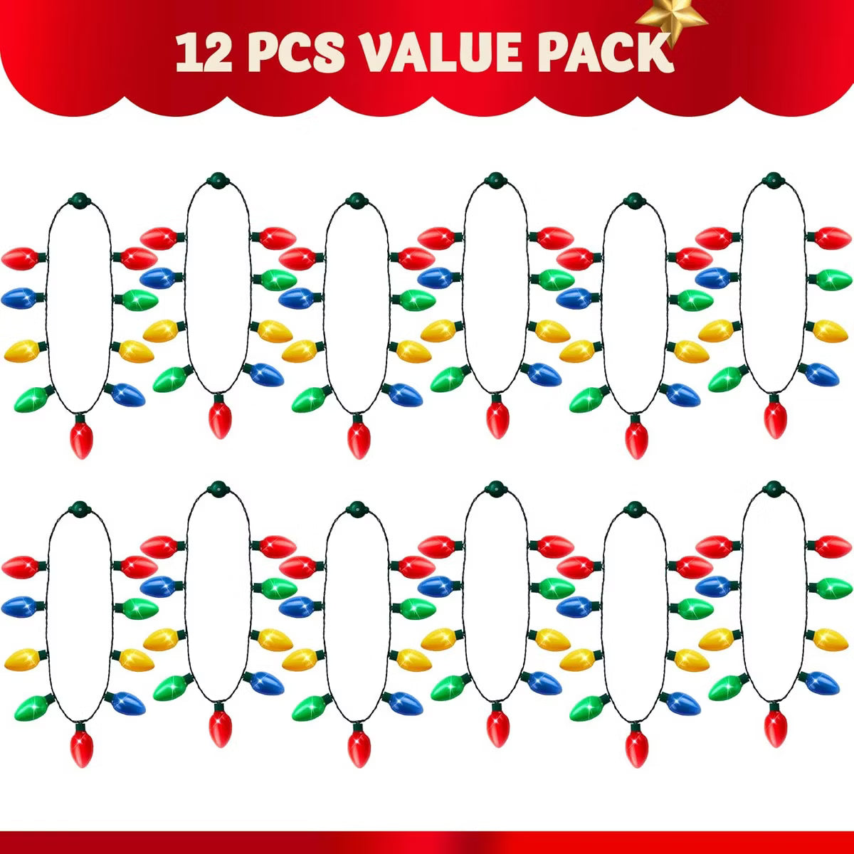 Joyfy 12-Pack Christmas LED Light Up Bulb Necklaces with 9 Bulbs, 6 Light Modes - Holiday Party Favors & Costume Accessories