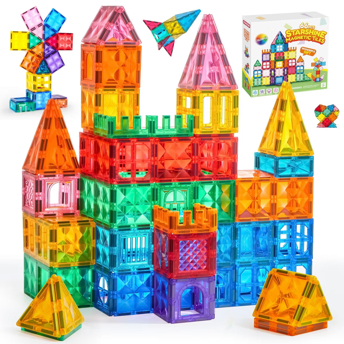 Joyfy 66PCS Magnetic Tiles Building Blocks for Kids Aged 3-8, Construction STEM Toys Birthday Christmas Gift for 3 4 5 6 7 8 Year Old Boys & Girls