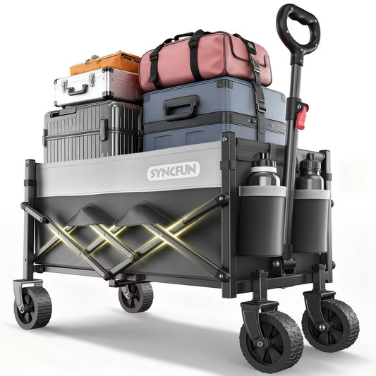 SYNCFUN 300lb Heavy-Duty Collapsible Wagon Cart, All-Terrain Foldable Utility Cart with Wheels for Beach, Garden, Shopping, Groceries & Fishing, Black