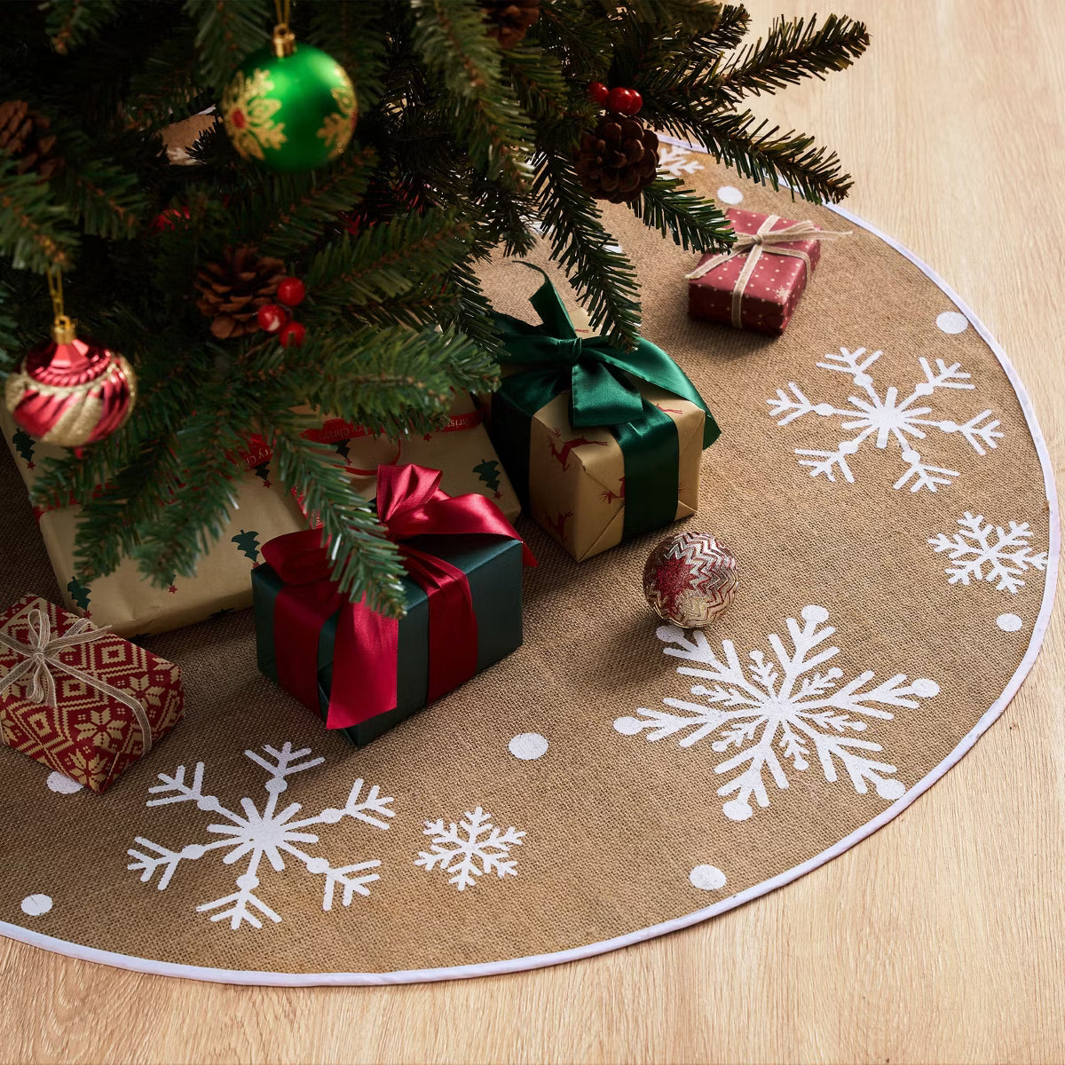 Joyfy 36inch Christmas Tree Skirt with White Snowflake, Burlap Tree Skirt for Xmas Decor Festive Holiday Decorations Indoor Outdoor