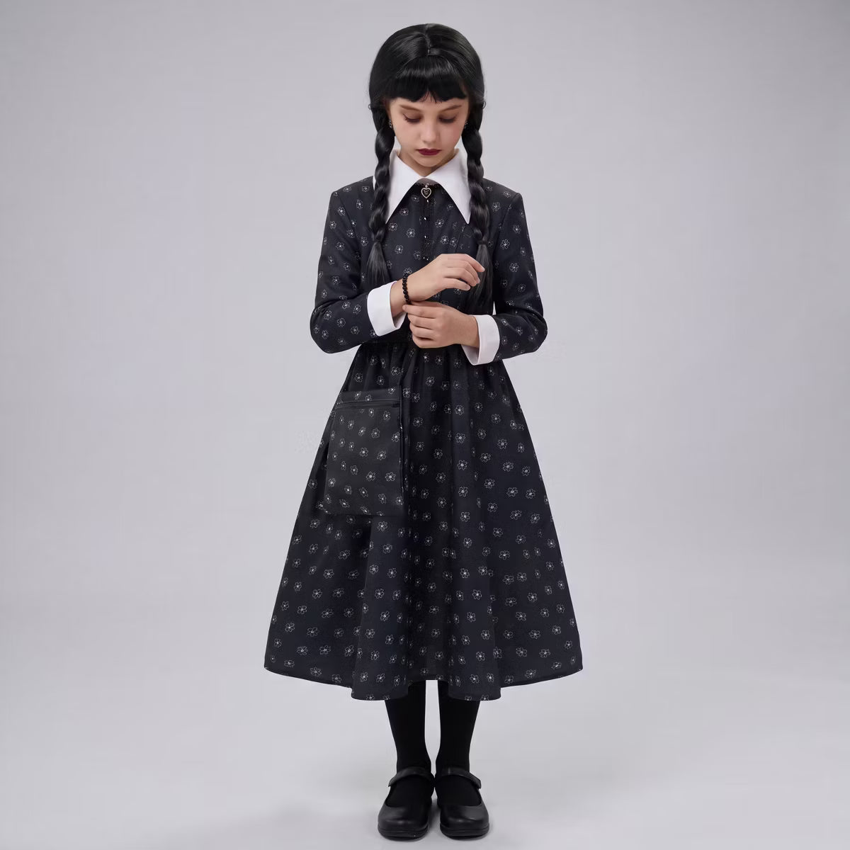 Joyfy Girls Halloween Costume - Black Floral Print Dress with Wig and Socks-M