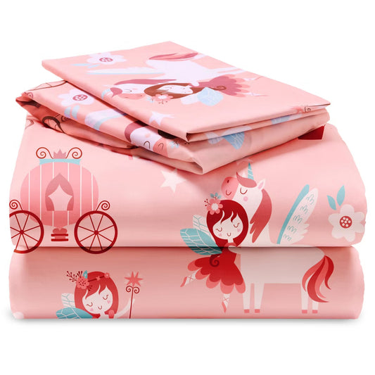 3 Piece Kids Twin Sheet Set Princess Unicorn Soft Microfiber Bed Sheets Deep Pocket Wrinkle Free Cozy Toddler Bedding Set, Fade Resistant Breathable