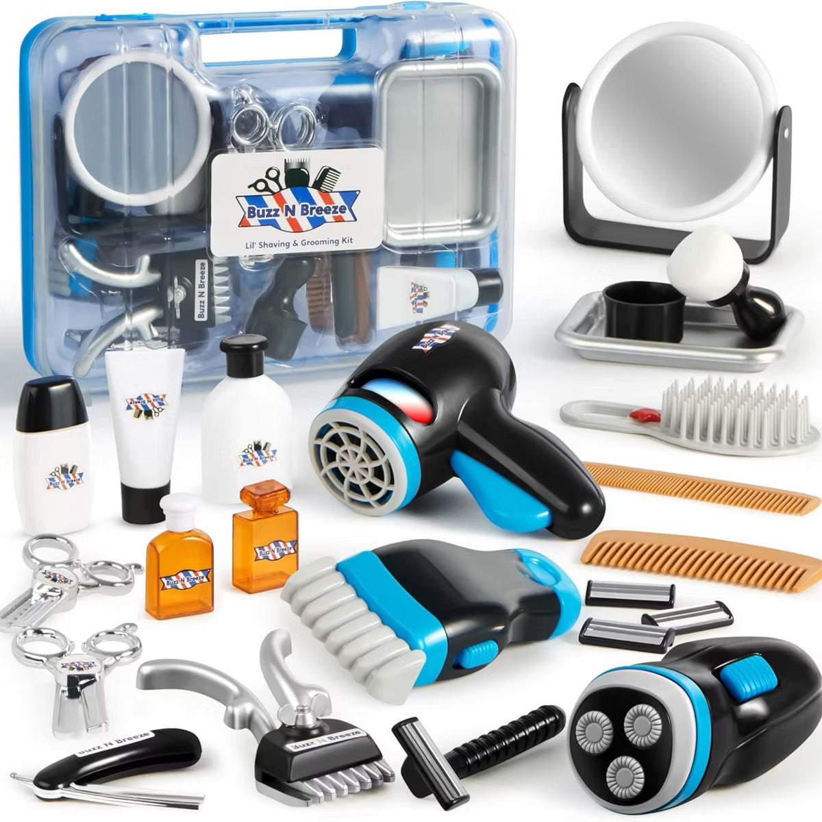 Barber Shop Pretend Play Toy, 23Pcs Kids Shaving Kit for Boys, Haircut Kit for 3+ Year Old Birthday Gift, Toddler Play Set Storage Box for Role Play