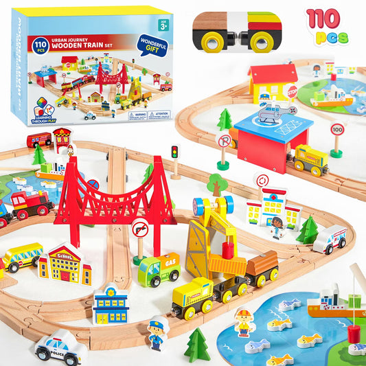 Joyfy 110Pcs Wooden Train Set - Urban Journey, City Scene Railway Set Xmas Birthday Party Toy Gift for Kids Toddlers Boys Girls Ages 3-8