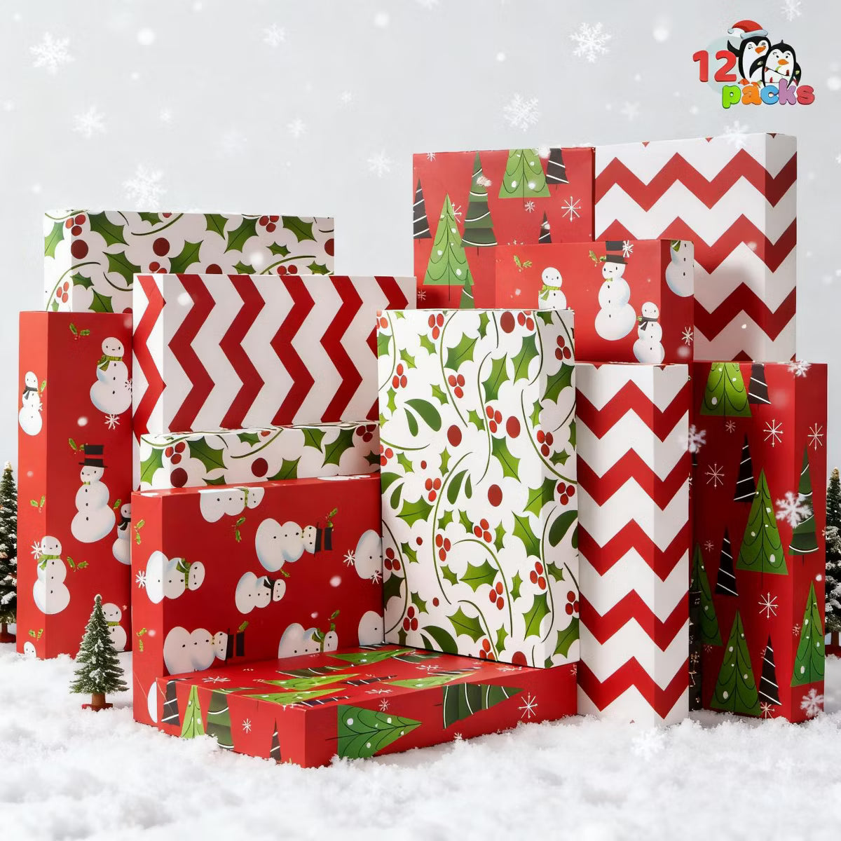 Joyfy 12 Pcs Christmas Shirt Gift Boxes, 17"x11" Large Robe Boxes with Lids and Base, 4 Designs Wrapping Robe Boxes for Xmas Goody Gift