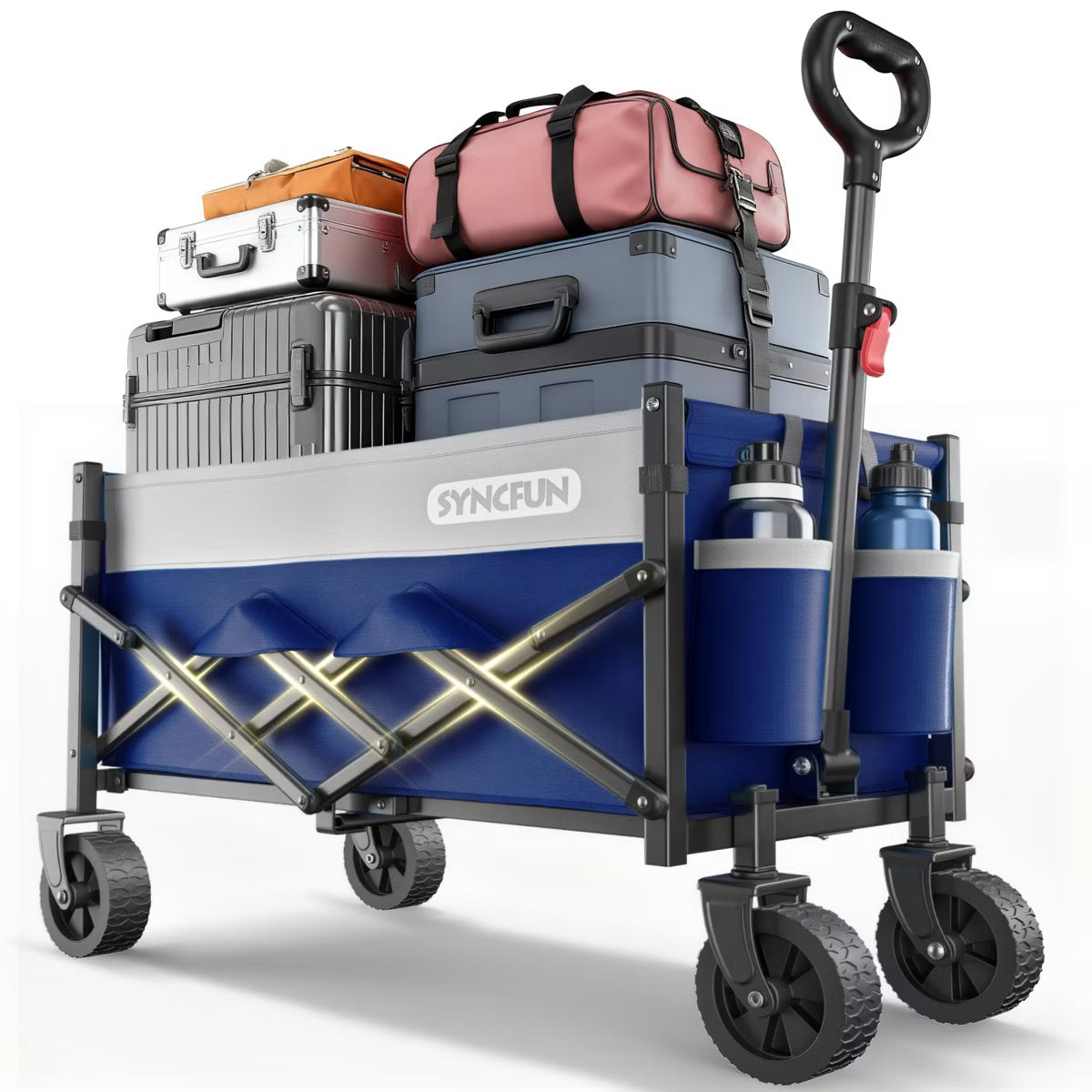 SYNCFUN 300lbs Heavy-Duty Collapsible Wagon Cart, All-Terrain Foldable Utility Cart with Wheels for Beach, Garden, Shopping, Groceries & Fishing, Blue