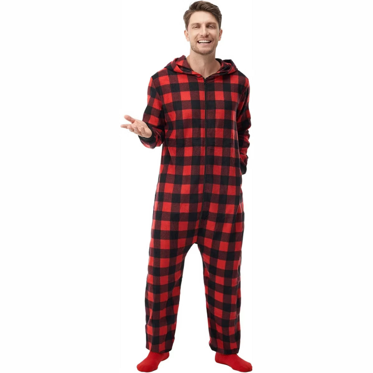 Joyfy Christmas Pajamas, Red Flannel Buffalo Plaid Pajamas with Hood for Mens, Adult Holiday Jumpsuit-XL
