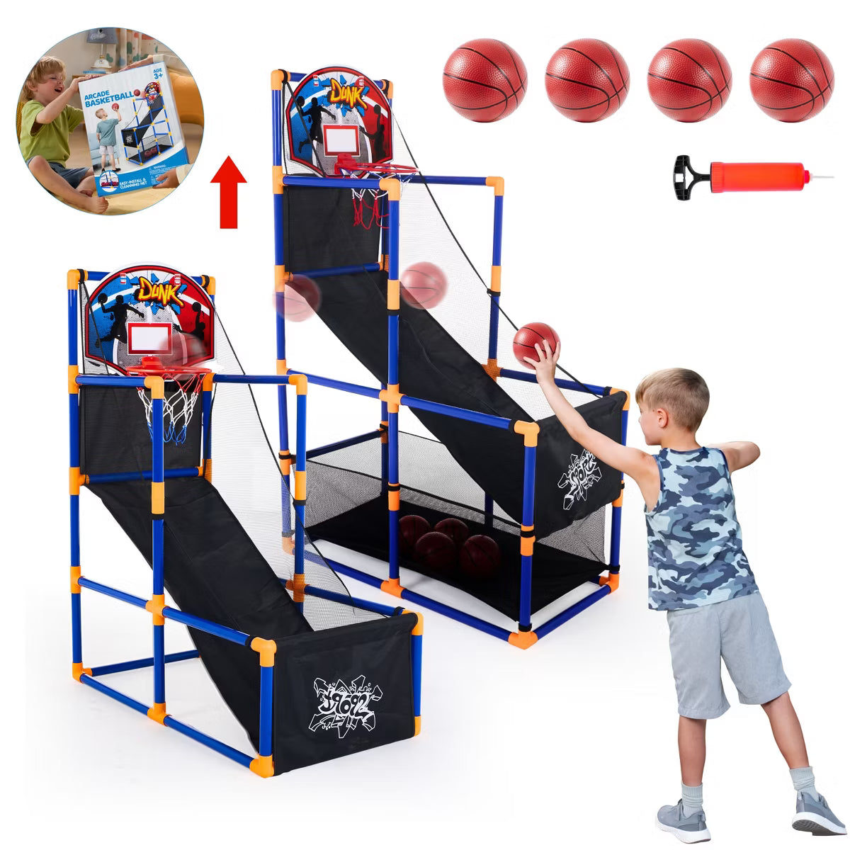 Joyfy Basketball Hoop, Arcade Basketball Game Set For Kids Ages 3-12 With 4 Balls Air Pump, Kids Toys Indoor Outdoor Sport Play Easy Set Up Boy Gifts