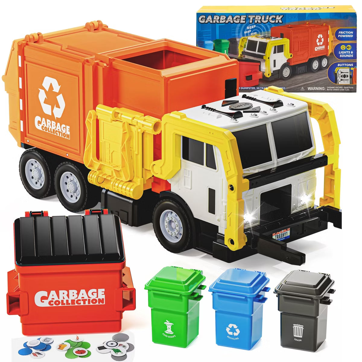 Joyfy 16" Lights & Sounds Large Garbage Truck Toy for Boys, Includes Dumpster, Trash Bins & Educational Cards, Toy Truck Birthday Gift for Boys 2–5