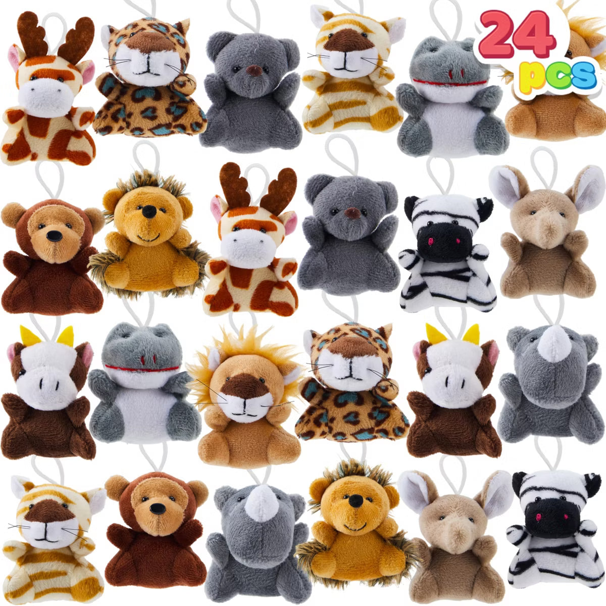 Joyfy 24 Pcs Mini Safari Animal Plush Toys, 3 Inch Stuffed Animals for Kids, Keychain Decorations, Party Favors, Carnival Prizes & School Gifts