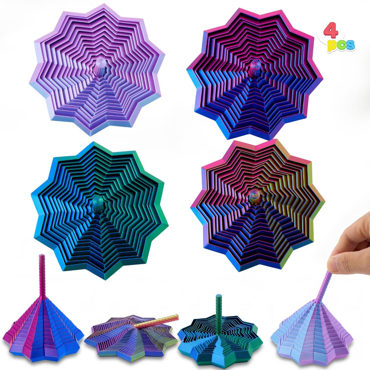 Joyfy 4PCS 3D Printed Expanded Sensory Fidget Star, Rotating Spiral Fidget Toys for Adults & Teens, Spinning Tower Toy, Birthday Gift & Party Favors