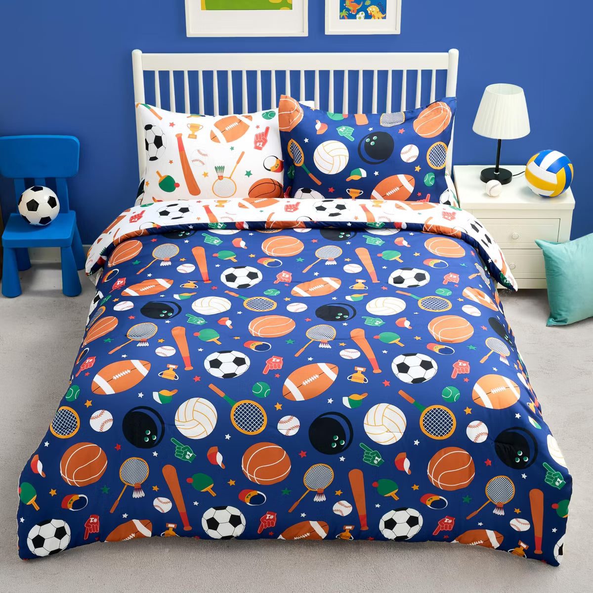 Joyfy Kid Twin Comforter Set 5 Piece Kids Twin Blue Ball Sports Bedding Set Soft Microfiber Bed in a Bag with Comforter, Sheets, Pillowcase & Sham