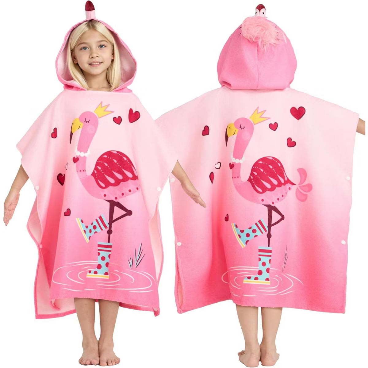 Joyfy Kids Beach Towels with Hood for 3-10 Years Flamingo Print Quick Dry Microfiber Swim Robe with Backpack Lightweight 30"x30" for Beach Pool