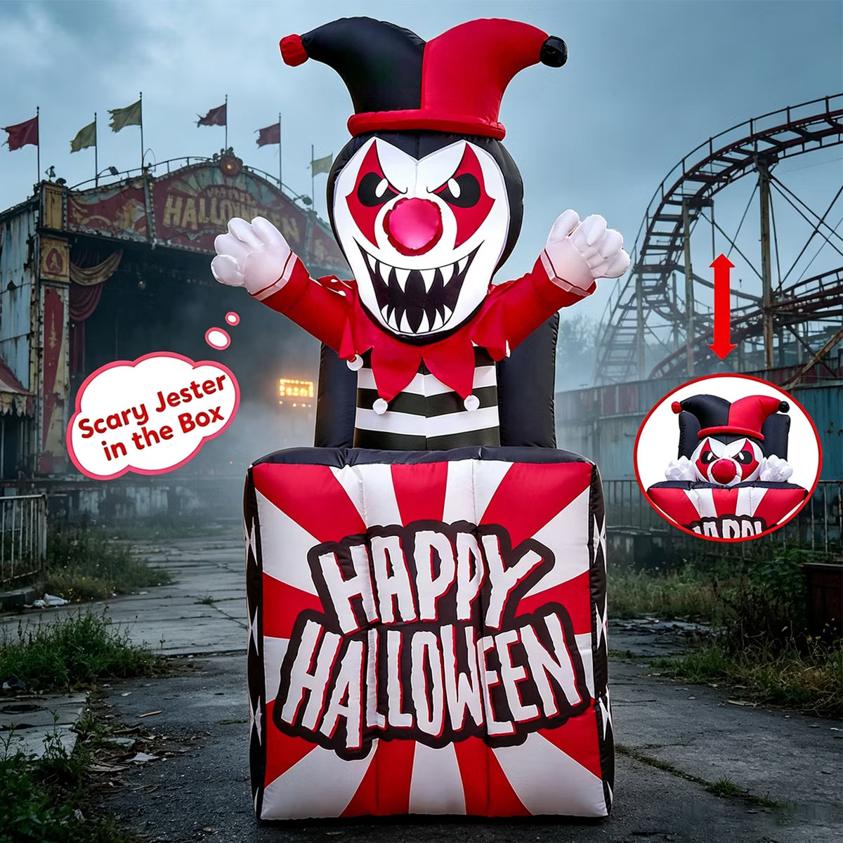 Joyfy 5 FT Halloween Inflatable Decoration, Animated Clown with Built-in LEDs, Scary Clown Blow Up for Halloween Outdoor Yard Lawn Garden Party Decor