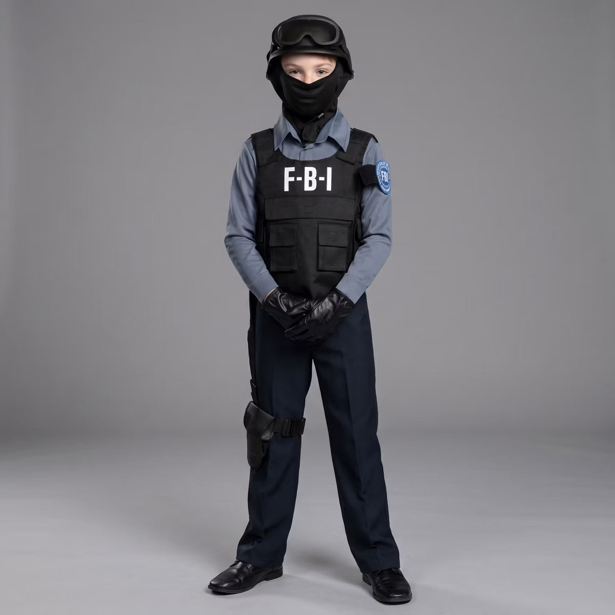 Joyfy Halloween Costume Police Officer for Kids, Cop Outfit with Helmet, Vest & Holster –FBI Agent Suit Dress Up Set for Boys Dress Up Party - M