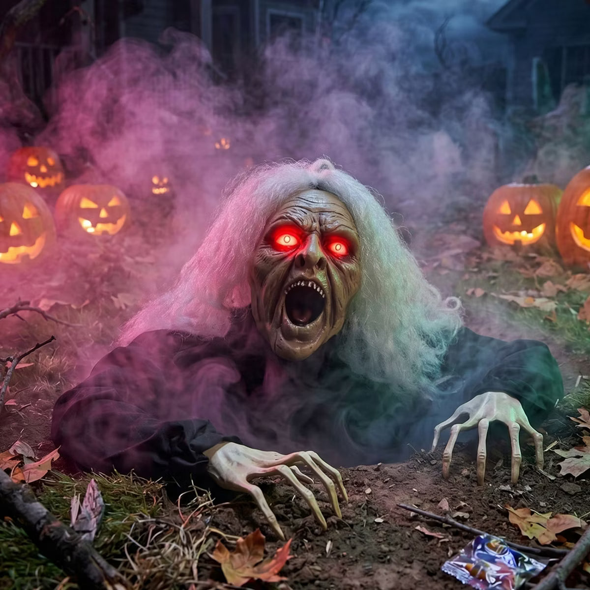 Joyfy Halloween Groundbreaker Zombie Decoration, Animated Zombie Witch with Lighted Eyes and Sound for Outdoor Lawn Yard Graveyard Decoration
