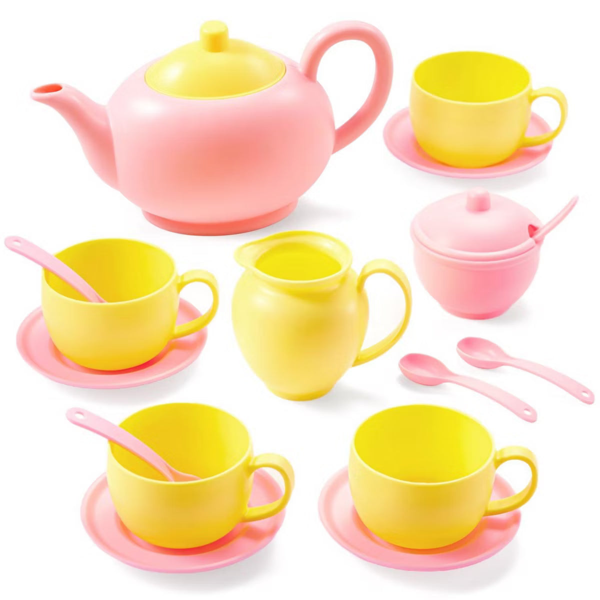 Joyfy 18 PCS Kids Tea Party Set, Pink Pretend Play Tea Set with Teapot Cups Saucers, Plastic Kitchen Toy Birthday Gift for Toddlers Girls Boys Age 3-6