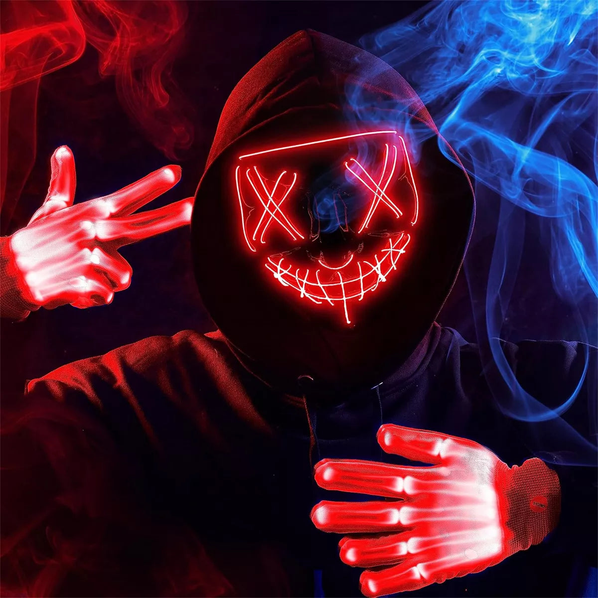 Joyfy Halloween Party Favors Red LED Light Up Mask & Glove Set For Halloween Cosplay Costume 3 Glow Modes Adult Teenager Dress Up Party Accessories