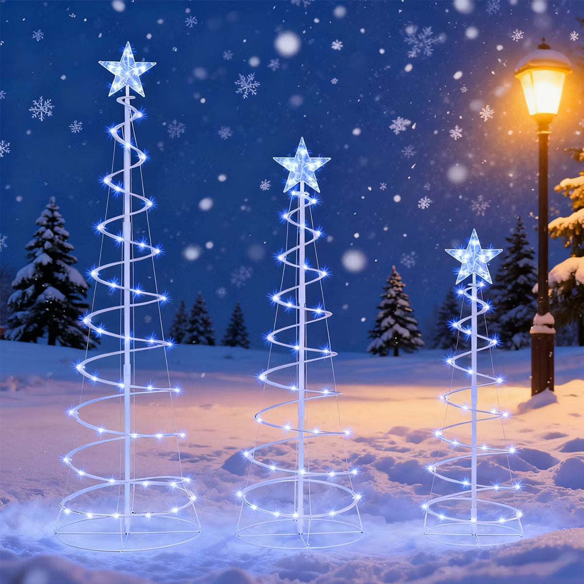 Joyfy 3 Packs Christmas Spiral Tree Yard Light Outdoor Decoration, 220 LED Cool White Lights for Xmas Party Indoor Outdoor Garden Holiday Decoration