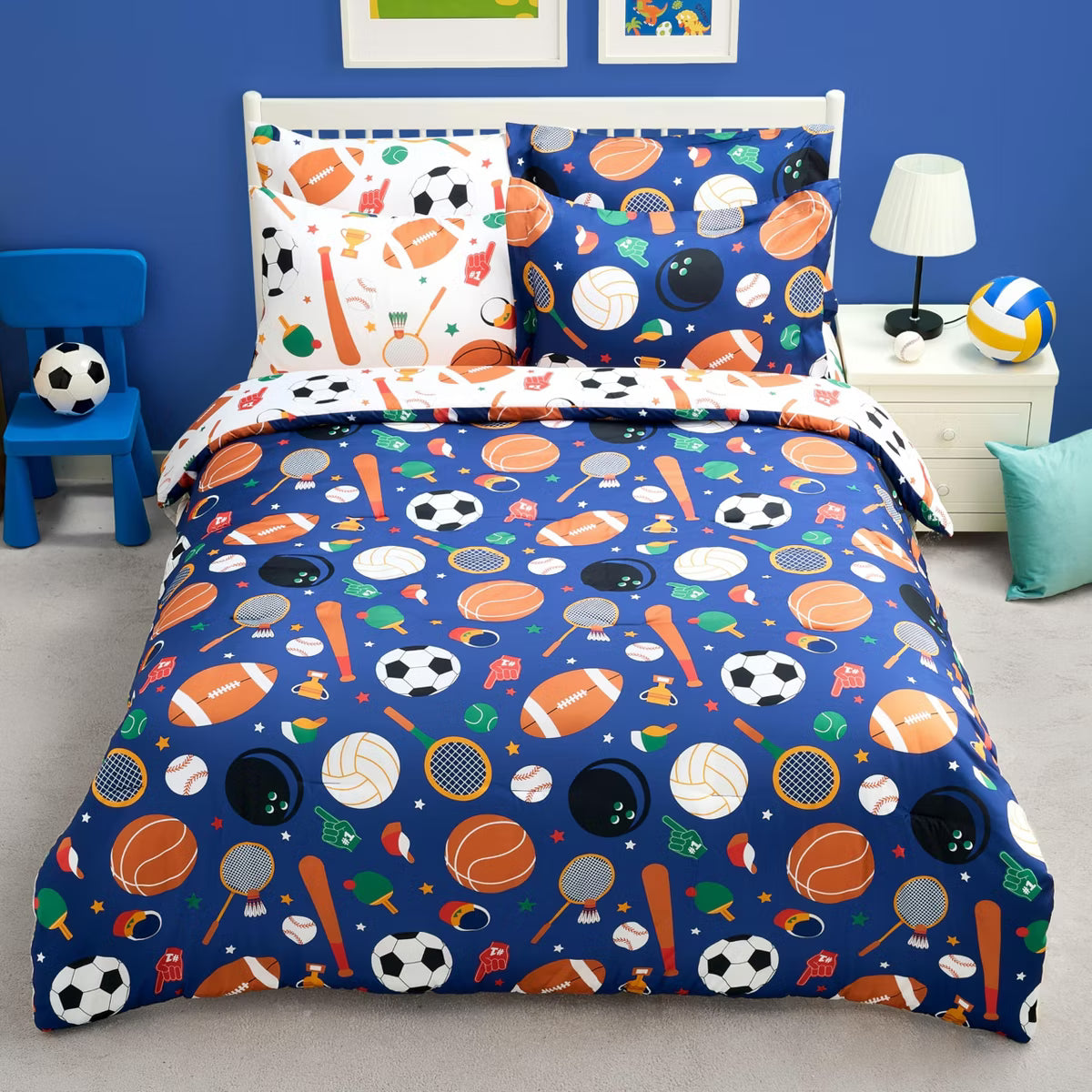 Joyfy Kid Full Size Comforter Set 7 Piece Super Soft Microfiber Bed Ball Sports Bedding Set for Boys Girls Comforter Sheets Pillowcase Sham in A Bag