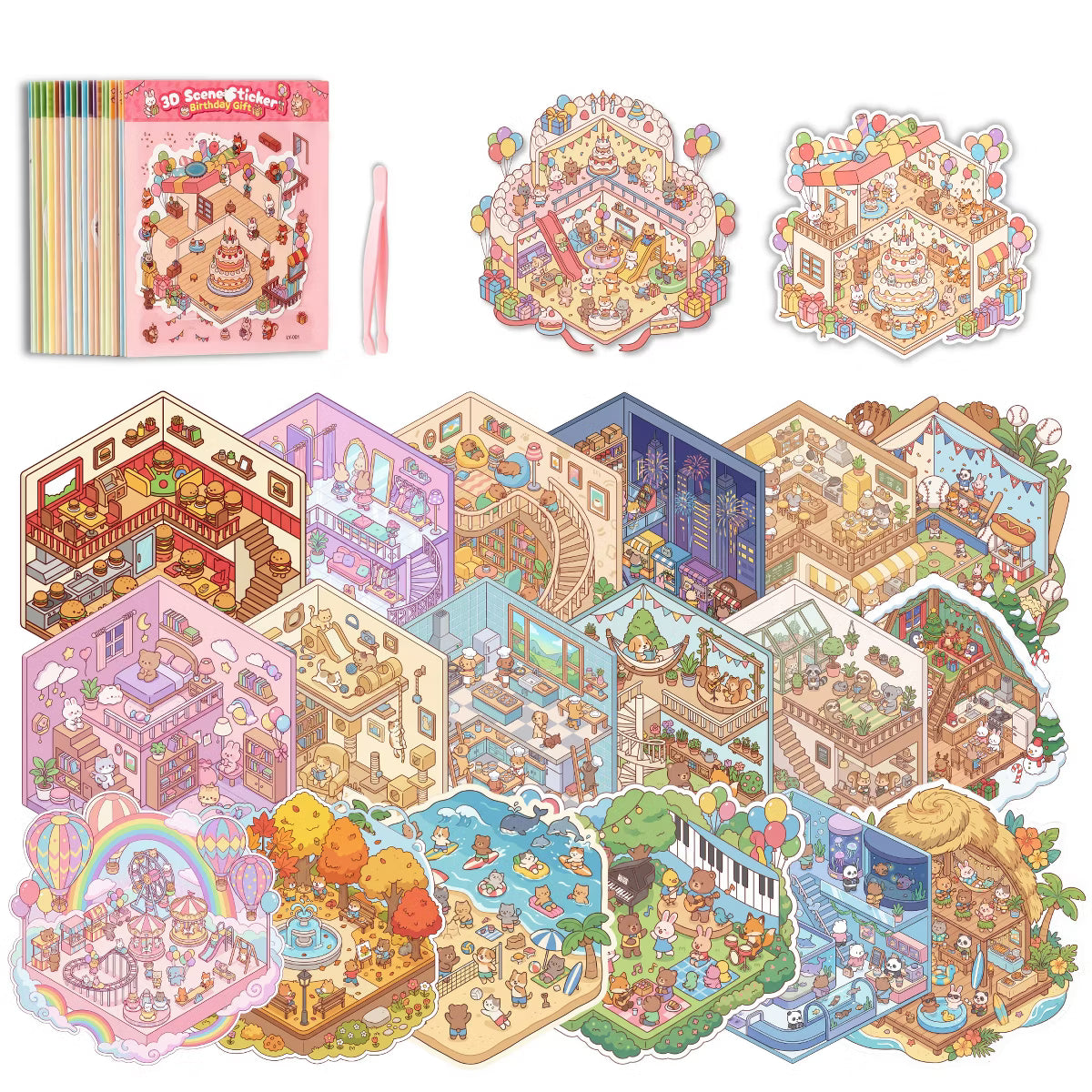 Joyfy 20Pcs 3D Scene Book Stickers for Kids Adults, Stress & Anxiety Relief Toys, Birthday Gifts, Kids Party Favors, Classroom Rewards for Boys Girls